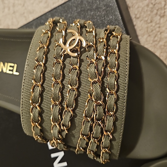 🛑CHANEL Lambskin Canvas Chain Sandals - Picture 5 of 8